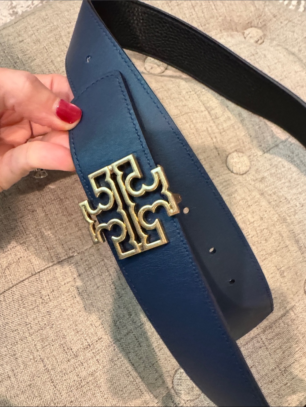 Tory Burch Blue Leather Belt with Gold Logo Buckle - reversible navy/black